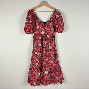 House Of Harlow 1960 Puff Sleeves Floral Midi Dress Red Ruffle Size XS